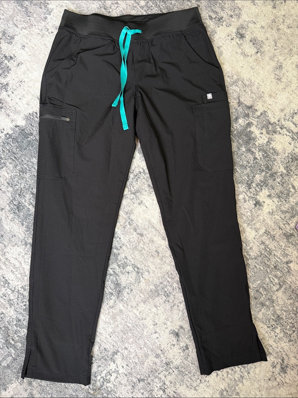 Womens Black Drawstring Figs Scrubs with Teal Drawcord